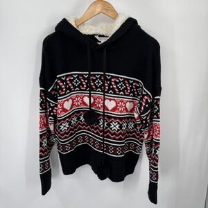 No Boundaries NOBO Sweater Juniors XL Fair Isle Christmas Sherpa Hood Pom Pom